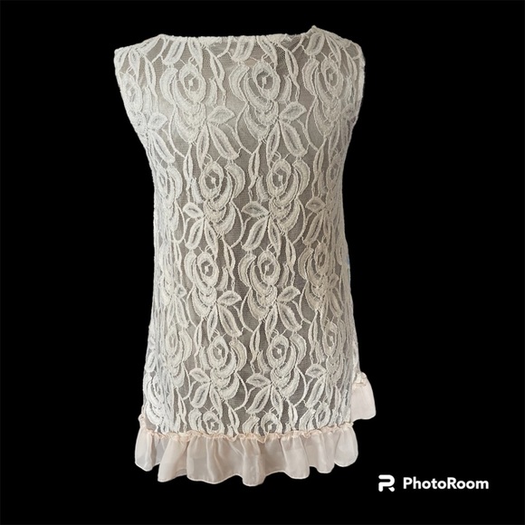 Lady Noiz Lace Rosette Tunic Tank Cream with Ruffle Hem Sz L - Picture 2 of 4